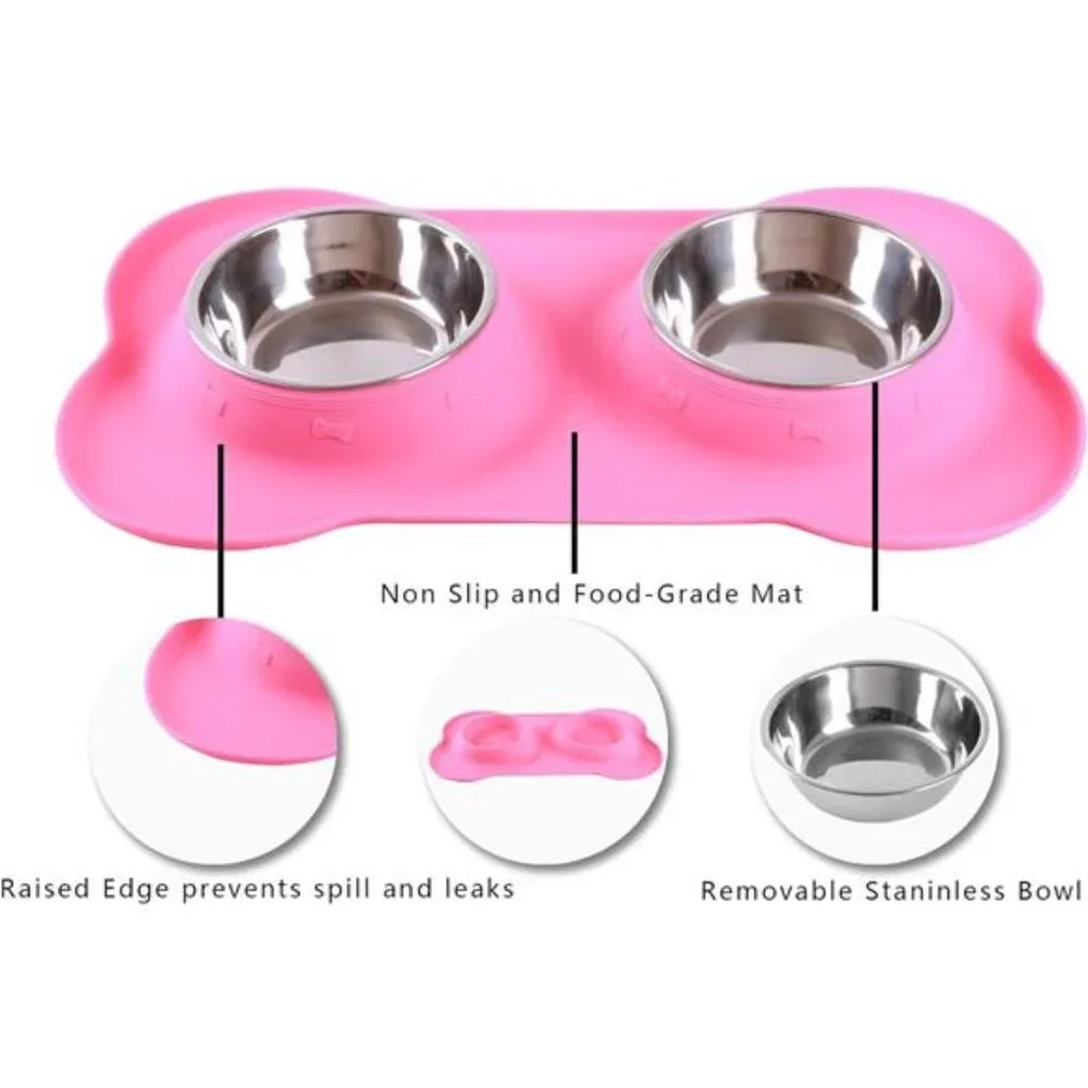 Pet Dog Bowls 2 Stainless Steel Dog Bowl Water and Food Feeder PINK